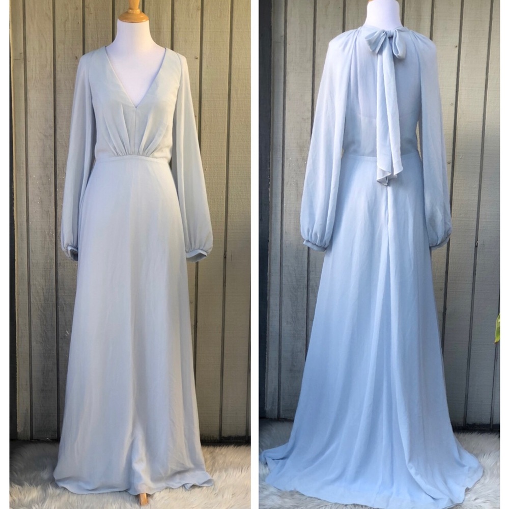 Amsale Flowy Chiffon Bow Back Long Sleeves Floor Length Light Blue Gown size 4